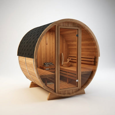 Outdoor Barrel Sauna Built for Year-Round Use, 4-Person Capacity, Cedar Construction, ETL Certified Electric