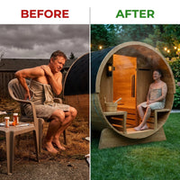 4-Person Electric Heater Outdoor Cedar Barrel Steam Sauna Front Porch Canopy - ETL Certified — Before & After