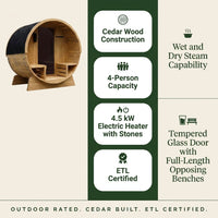 4-Person Electric Heater Outdoor Cedar Barrel Steam Sauna Front Porch Canopy - ETL Certified — Results & Stats