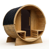 4-Person Electric Heater Outdoor Cedar Barrel Steam Sauna Front Porch Canopy - ETL Certified — Studio Shot