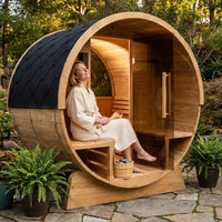 4-Person Electric Heater Outdoor Cedar Barrel Steam Sauna Front Porch Canopy - ETL Certified — Lifestyle