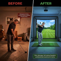 Golf Simulator Enclosure 10.7X8X5Ft & 8.5X8.5X5Ft Golf Simulators for Home | Light-Proof HD/4K Silent Impact Screen, Indoor/Outdoor - Includes Mat, Foam-Padded Iron Poles, Shank Net, Sandbag & Bonus Kit — Before & After