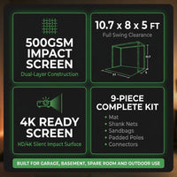 Golf Simulator Enclosure 10.7X8X5Ft & 8.5X8.5X5Ft Golf Simulators for Home | Light-Proof HD/4K Silent Impact Screen, Indoor/Outdoor - Includes Mat, Foam-Padded Iron Poles, Shank Net, Sandbag & Bonus Kit — Results & Stats