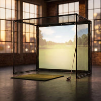 Golf Simulator Enclosure 10.7X8X5Ft & 8.5X8.5X5Ft Golf Simulators for Home | Light-Proof HD/4K Silent Impact Screen, Indoor/Outdoor - Includes Mat, Foam-Padded Iron Poles, Shank Net, Sandbag & Bonus Kit — Studio Shot