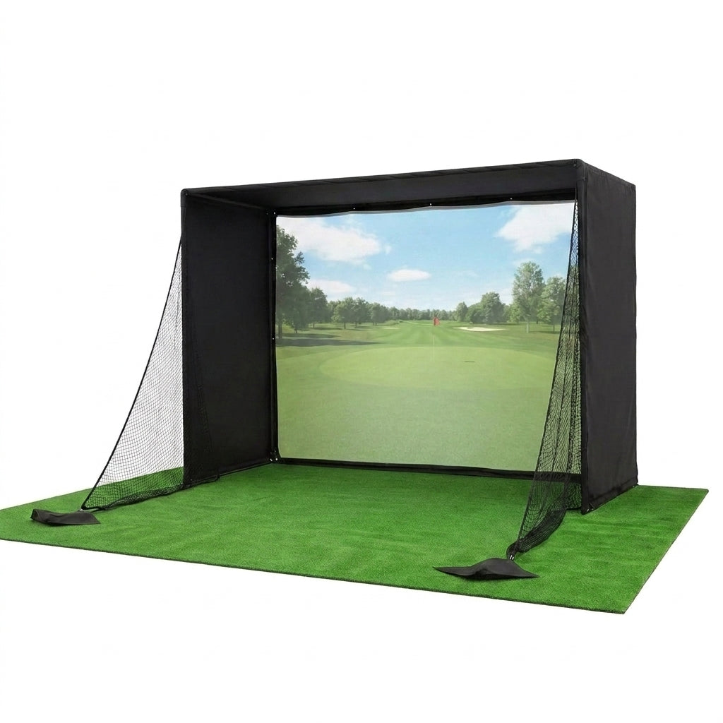 Golf Simulator Enclosure 10.7X8X5Ft & 8.5X8.5X5Ft Golf Simulators for Home | Light-Proof HD/4K Silent Impact Screen, Indoor/Outdoor - Includes Mat, Foam-Padded Iron Poles, Shank Net, Sandbag & Bonus Kit — Studio Shot