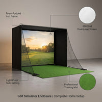 Golf Simulator Enclosure 10.7X8X5Ft & 8.5X8.5X5Ft Golf Simulators for Home | Light-Proof HD/4K Silent Impact Screen, Indoor/Outdoor - Includes Mat, Foam-Padded Iron Poles, Shank Net, Sandbag & Bonus Kit — infographic