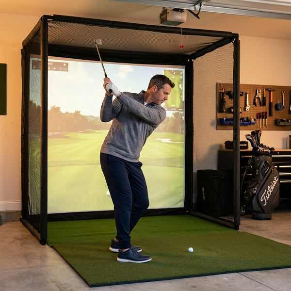 Golf Simulator Enclosure Built for Home Practice, 500GSM Impact Screen, Padded Frame, Turf Mat Included