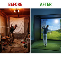 Golf Simulator Enclosure Kit 10 X 8 Ft with 4K-Ready Impact Screen | 600D Blackout Cover, Anti-Ricochet Foam Padding & Safety Side Nets, Golf Cage for Indoor Garage, Basement & Home Practice — Before & After