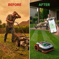 I215 8.6 In. Robot Lawn Mower (1/2 Acre) Lidar + Vision, Auto Mapping, App Control, Multi-Zone, AI Obstacle Avoidance — Before & After