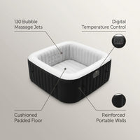 Inflatable Hot Tub Spa, 265 Gallon HTISQ6GYBK | Relaxing Bubble Massage Jets, Quick Heating System, Cushioned Padded Walls, Portable Backyard Setup, Seats Multiple Adults — infographic
