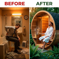 Outdoor Barrel Sauna Built for Year-Round Use, 4-Person Capacity, Cedar Construction, ETL Certified Electric — Before & After