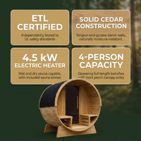 Outdoor Barrel Sauna Built for Year-Round Use, 4-Person Capacity, Cedar Construction, ETL Certified Electric — Results & Stats