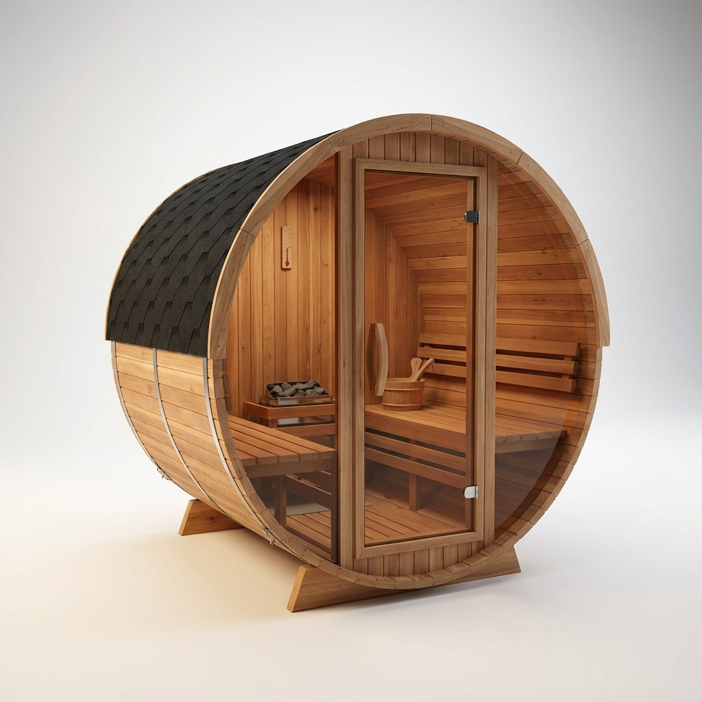 Outdoor Barrel Sauna Built for Year-Round Use, 4-Person Capacity, Cedar Construction, ETL Certified Electric — Studio Shot