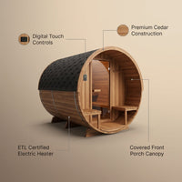 Outdoor Barrel Sauna Built for Year-Round Use, 4-Person Capacity, Cedar Construction, ETL Certified Electric — infographic