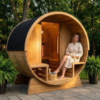 Outdoor Barrel Sauna Built for Year-Round Use, 4-Person Capacity, Cedar Construction, ETL Certified Electric — Lifestyle