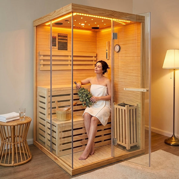 Indoor Steam Sauna Designed for 2-3 Person Relaxation, 3000W Electric Heating, Solid Pine Construction, LED Lights